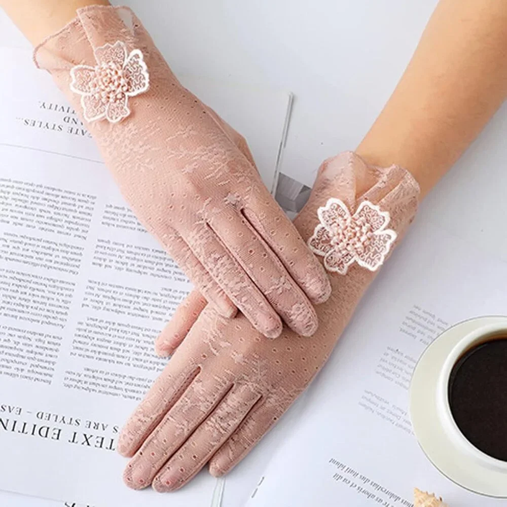 Women's Flower Pink Lace Gloves Summer Protection Wedding Parties Tea Prom